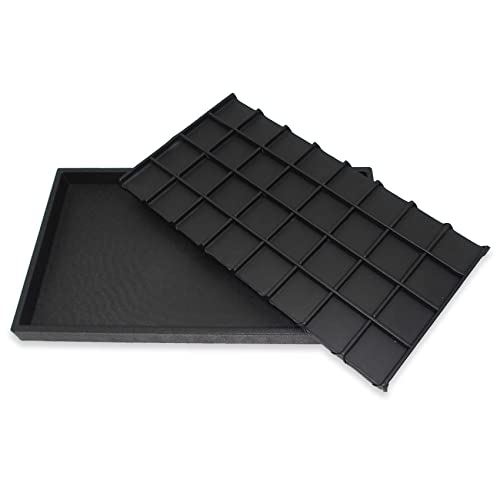cBox CuteBox Company Black Plastic Tray (14.75” x 8.25” x 1”) with 32 Compartments Black Wooden Tray Insert for Jewelry Storage, Organization, Merchandise, Display