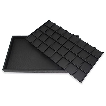 cBox CuteBox Company Black Plastic Tray (14.75” x 8.25” x 1”) with 32 Compartments Black Wooden Tray Insert for Jewelry Storage, Organization, Merchandise, Display