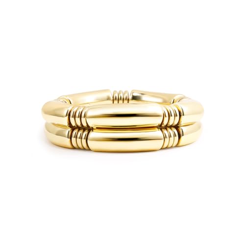 Gold Chunky Bangles Bracelets For Women 14k Gold Plated Stack Layered Curved Bamboo Tube Stretch Bracelets Gift Jewelry - color: 2pcs Gold