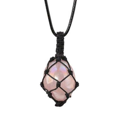 Crystal Tumbled Stone Pendant Necklace for Women Knotted Net Bag Leather Necklace Yoga Meditation Jewelry Gifts - color: Aura Rose Crystal
