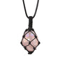 Crystal Tumbled Stone Pendant Necklace for Women Knotted Net Bag Leather Necklace Yoga Meditation Jewelry Gifts - color: Aura Rose Crystal