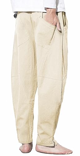 Men's Casual Cotton Linen Pants Elastic Waist Drawstring Beach Summer Lightweight Trousers - color: Khaki, size: 32
