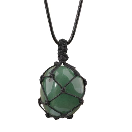 Crystal Tumbled Stone Pendant Necklace for Women Knotted Net Bag Leather Necklace Yoga Meditation Jewelry Gifts - color: Green Adventurine