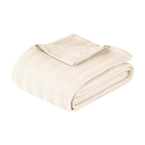 Superior Clara Cotton Blanket, for Picnic, Beach, Traveling or Camping, Bedroom Decor, Essentials, Cover for Bed, Couch, Lounging, Textured Jacquard, Striped Woven Blanket, King, Ivory - color: Ivory, size: King