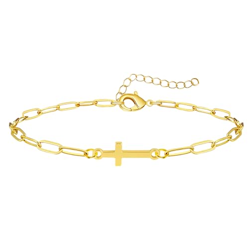 3mm Diamond Classic Tennis Bracelet for Women Dainty, Gold Jesus Cross Bracelets Trendy, 14K Gold Plated Heart/Evil Eye/Pearl/Starfish & Seashell Charm Bracelets for Women Bulk - style: CrossPaperclip-Gold