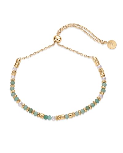 PAVOI 14K Yellow Gold Plated Gemstone Beaded Bracelets for Women - Adjustable Slider Dainty Pearl Bracelet - Boho Festival Pearls, Labradorite, Sodalite, Red Jade, Amazonite Beads - Gold Jewelry Gifts - style: Amazonite