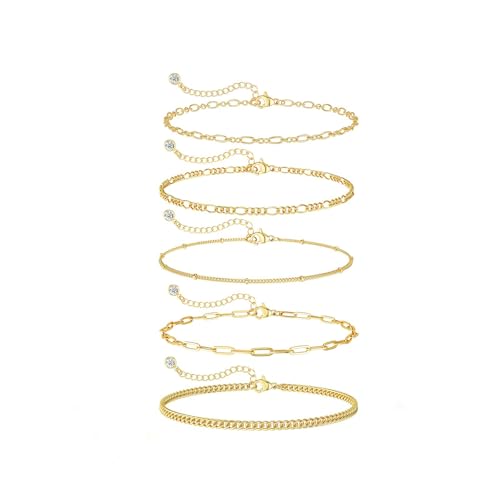 DEARMAY Gold Bracelets for Women Waterproof, 14K Gold Plated Stackable Jewelry Sets Non Tarnish Trendy Thin Dainty Cuban Link Paperclip Chain Bracelet Stack Fashion Accessories Gifts for Womens - style: 5Pcs BRACELET G