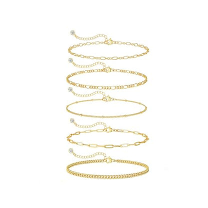 DEARMAY Gold Bracelets for Women Waterproof, 14K Gold Plated Stackable Jewelry Sets Non Tarnish Trendy Thin Dainty Cuban Link Paperclip Chain Bracelet Stack Fashion Accessories Gifts for Womens - style: 5Pcs BRACELET G