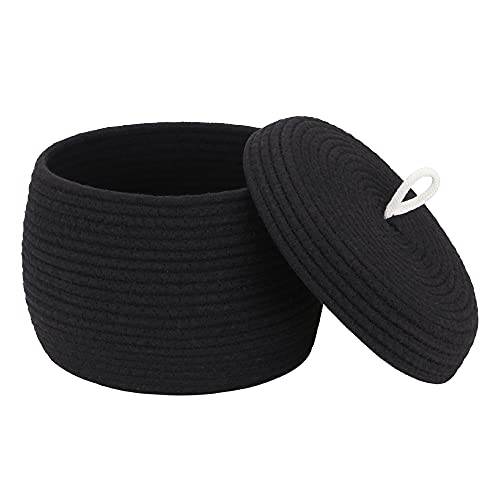 Sea Team Round Cotton Rope Storage Basket with Lid, Decorative Woven Storage Bin, Pot, Caddy, Organizer, Container for Snacks, Towels, Plants, 10 x 7.5 Inches (Small, Black) - color: Black, size: Small