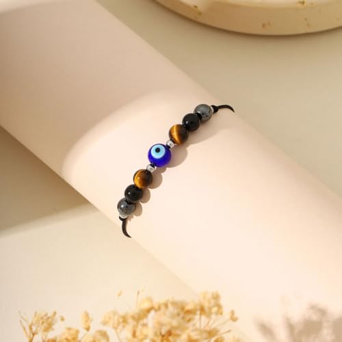 Triple Threat Protection Bracelet for Women,Evil Eye Natural Healing Crystal Beaded Bracelet for Protection - style: Evil Eye Bracelet (Triple Threat)