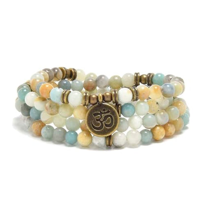 108 Mala Beads Bracelet with om Charm – Healing Stone Meditation Bracelet for Yoga & Prayer, 6mm Beads, Handmade, Gold-Plated OM Charm - style: Amazonite