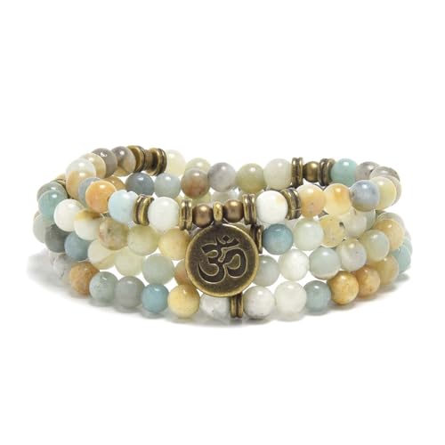 108 Mala Beads Bracelet with om Charm – Healing Stone Meditation Bracelet for Yoga & Prayer, 6mm Beads, Handmade, Gold-Plated OM Charm - style: Amazonite