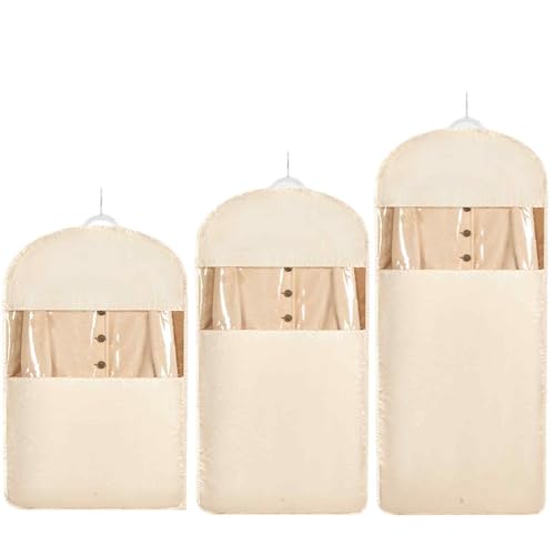 Space Saving Hanging Garment Bag with Self Compression Zipper，Dust Cover Clothes Bags for Down Coat,Dress,Suit，Closet Storage Organizer for Home Travel Use (Beige, M+L+XL) - color: Beige, size: M+L+XL