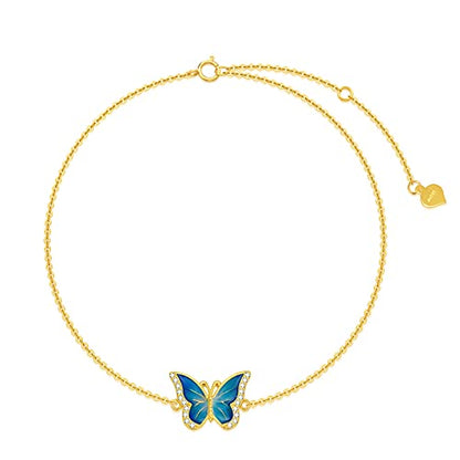 Real 14k Gold Blue Butterfly Bracelet for Women, Solid 14 Karat Gold Animal Lover Wrist Jewelry Gifts for Her, 6.8-8.4