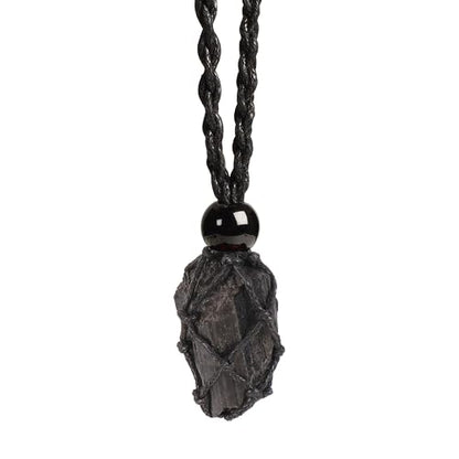 Natural unprocessed crystal raw stone hand woven rope adjustable necklace pendant for both men and women - color: A-Tourmaline