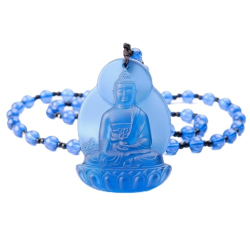 Blue Medicine Buddha Necklace Healing Glass Bead Choker Buddhist Health Amulet Pain Relief Pendant Spiritual Protection Jewelry Unisex Gift for Men Women