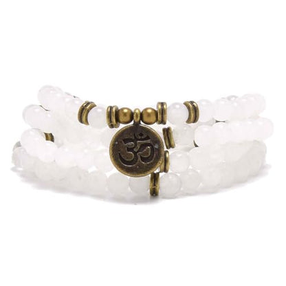 108 Mala Beads Bracelet with om Charm – Healing Stone Meditation Bracelet for Yoga & Prayer, 6mm Beads, Handmade, Gold-Plated OM Charm - style: White Jade