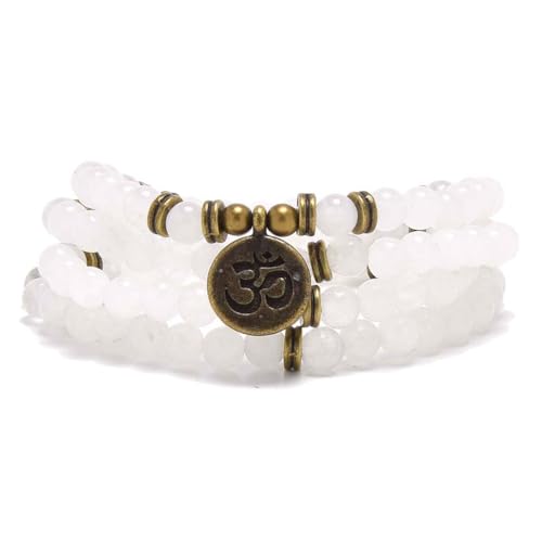 108 Mala Beads Bracelet with om Charm – Healing Stone Meditation Bracelet for Yoga & Prayer, 6mm Beads, Handmade, Gold-Plated OM Charm - style: White Jade