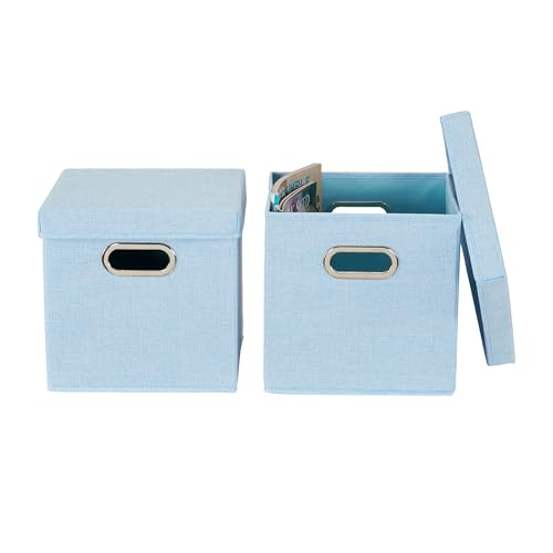 Household Essentials 816-1 Café Cube Bin Storage Set with Lids and Handles | 2 Pack, Baby Blue Linen - color: Blue