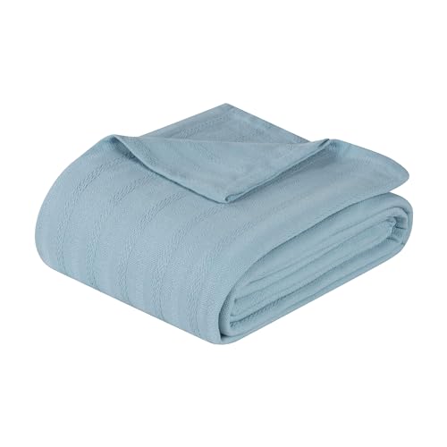 Superior Clara Cotton Blanket, for Picnic, Beach, Traveling or Camping, Bedroom Decor, Essentials, Cover for Bed, Couch, Lounging, Textured Jacquard, Striped Woven Blanket, Throw, Light Blue - color: Light Blue, size: Throw