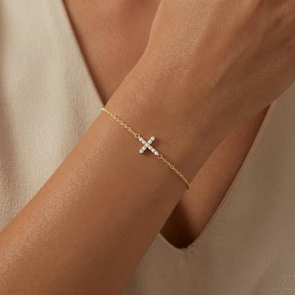 3mm Diamond Classic Tennis Bracelet for Women Dainty, Gold Jesus Cross Bracelets Trendy, 14K Gold Plated Heart/Evil Eye/Pearl/Starfish & Seashell Charm Bracelets for Women Bulk - style: CZ Cross-Gold