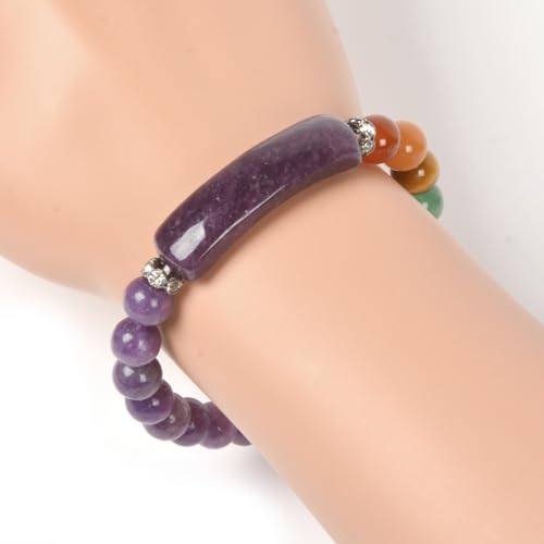 Justinstones Gem Semi Precious Gemstone Love Heart Charm Stretch Beaded Bracelet Unisex - color: Lepidolite Lithium Mica(7 Chakra)