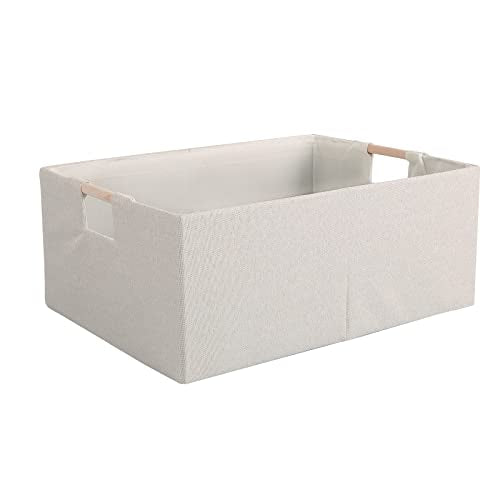 Fabric Storage Bin Box Foldable Cotton Linen Storage Basket with Wooden Handles Rectangular Cube Decorative Home Laundry Organizer Clothes Blanket Container - Beige, Large - color: Beige, size: Large