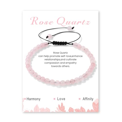 Crystal Bracelet for Women 4mm Adjustable Braided Natural Stone Bracelets Handmade Beaded Bracelets Gemstone Bracelet Healing Crystal Bracelet Crystal Jewelry for Women - style: rose quartz