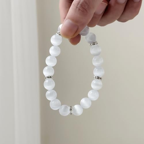 Healing Bracelet For Women Anxiety Crystal Bracelet Chakra Beaded Bracelets Rose Quartz Crystals And Healing Stones Yoga Bead Bracelet Calming Stretch Bracelet Stress Relief Gifts For Women - color: White-Cat Eye