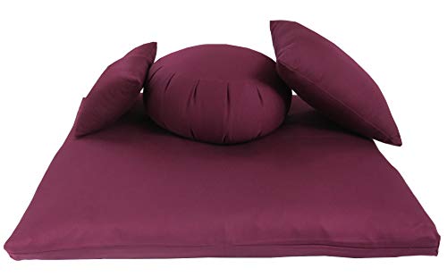 Buckwheat Zafu, Zabuton and Support Meditation Cushions Set (4Pc) - color: Burgundy