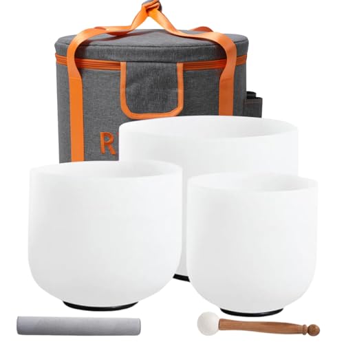 Quartz Crystal Singing Bowl Set - 3 Pcs (6" B, 7" G, 8" F) 432Hz Frosted White for Sound Healing, Meditation, Yoga - Includes Suede Striker & Carry Case Bag W - color: Set of 3, 6"7"8" White