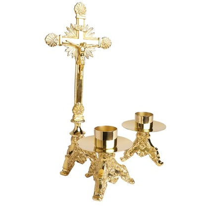 Needzo Elegant Brass Cross with Candle Holders Altar Set, Catholic Church Supplies, 16.75 Inches
