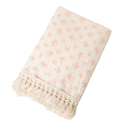 vctops Muslin Baby Blanket with Tassels 100% Cotton Coquette Pink Bow Print Swaddle Blankets 39"x47" Lightweight Soft Breathable Gauze Blanket for Sleeping (Mushroom,39"x47") - color: Pink B, size: Baby(39"x47")