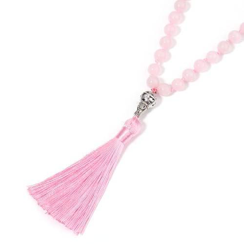 108 Mala Beads Necklace Semi-Precious Gem Stones Meditation Necklace 108 Hand Knotted Japa Mala Beaded Tassel Necklace with Tree of Life Pendant - color: Rose Quartz