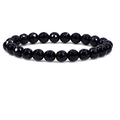 Keleny Gem Semi Precious Gemstones 8mm Natural Stone Round Beads Crystal Stretch Bracelets 7 Inch Unisex - color: 8mm Faceted Black Agate