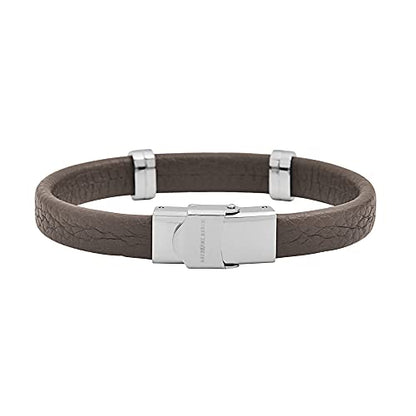 Geoffrey Beene Men's Genuine Leather Bracelet with Stainless Steel Cut-Out ID - color: Grey