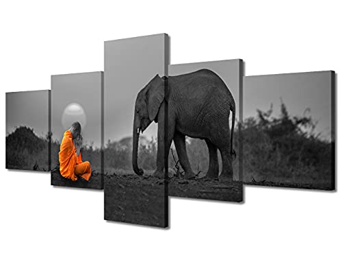 TUMOVO Black and White Wall Art Thailand Zen Buddhist Prints on Canvas 5 Piece Elephant Wall Decorations Giclee Wooden Framed Gallery-Wrapped Stretched Ready to Hang (50''Wx 24''H) - color: Artwork-03, size: 50''Wx24''H