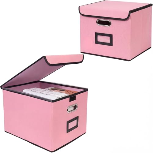 File Storage Box with Lid, 15.55x12.87x10.43 Inches, Foldable Organizer with Handles & Label Slot, for File Storage, Home, Office, and Closet Organization(2 Packs, Pink) - color: Pink, style: Rectangle - 2 Packs