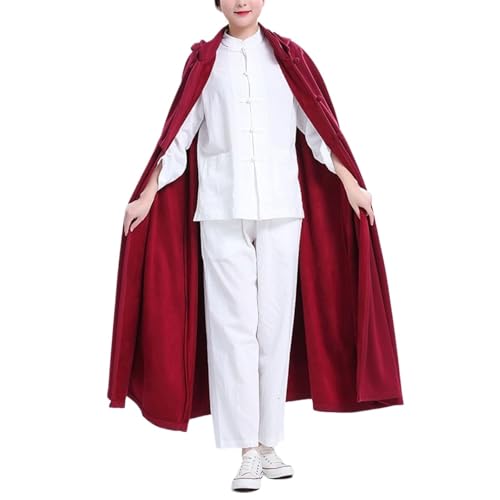 Unisex Meditation Buddhist Hooded Cloak Loose-Fit Comfortable Warm Prayer Robe Button Down Coat Poncho - color: Red, size: Large