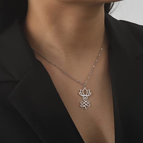 VASSAGO Buddha Lotus Necklace for Women Yoga Healing Pendant Stainless Steel Flower Necklace Buddhist Necklace Unalome Symbol Amulet Religious Jewelry - color: silver 1