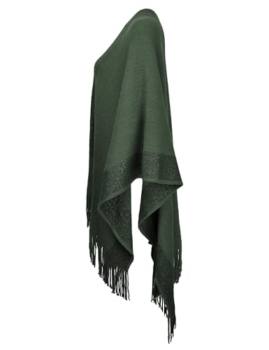 ZLYC Women's Shawl Golden Trim Knit Blanket Wrap Fringe Poncho Coat Cardigan - color: Green
