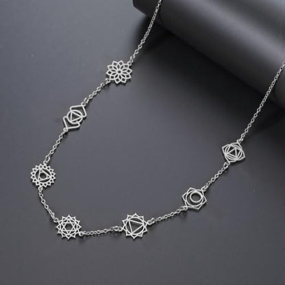 TEAMER 7 Chakras Yoga Charm Necklace Stainless Steel Adjustable Rhinestone Necklace Spiritual Meditation Inspirational Jewelry For Women