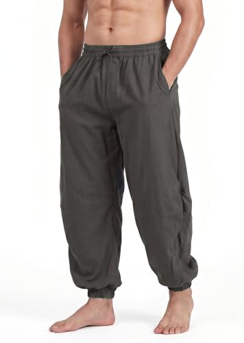 perdontoo Mens Casual Cotton Linen Pant Elastic Waist Drawstring Yoga Jogger Pants - color: Dark Grey, size: Small