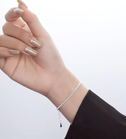 QLKILYR Dainty Shiny Silver 18K White Gold Plated Simple Chain Bracelet for Women