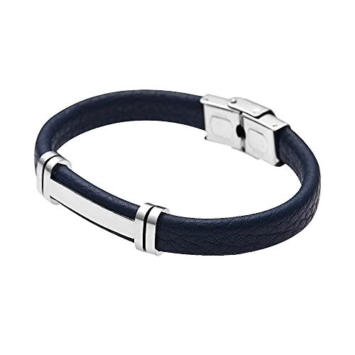 Geoffrey Beene Men's Genuine Leather Bracelet with Stainless Steel Cut-Out ID - color: Blue
