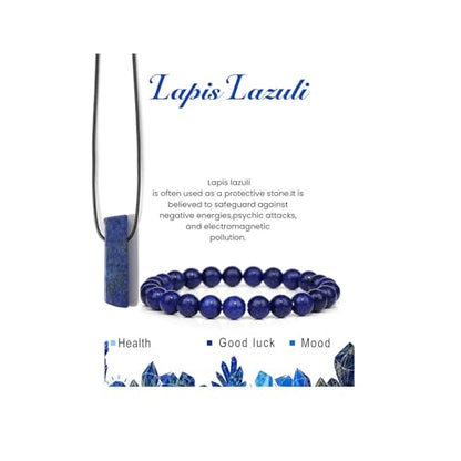 Pingyongchang Stress Relief Anxiety Yoga Bracelets Necklace Set,Healing Crystal Stone Mantra Bracelets for Women Natural Crystal Stone birthday Gifts For Teen Girls Black Leather Necklace for Men - color: Lapis Lazuli