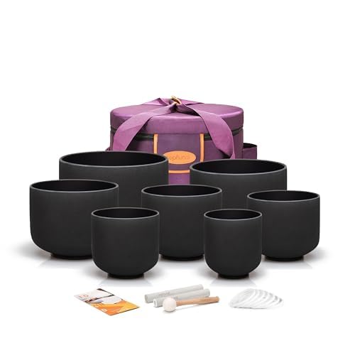 TOPFUND 6-12 inch Chakra Set of 7 Black Crystal Singing Bowls with Heavy Duty Carrying Case and Singing Bowl Mallets - color: Set of 7 Black Bowls, size: 6-12 inch