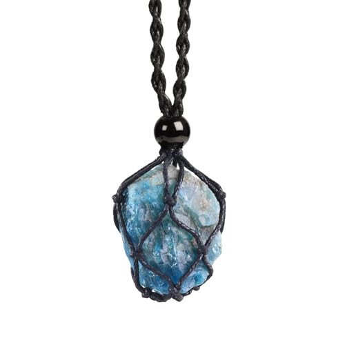 Natural unprocessed crystal raw stone hand woven rope adjustable necklace pendant for both men and women - color: A-Blue apatite