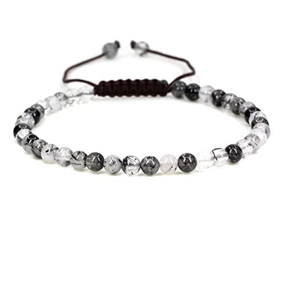 Keleny Natural Gemtones 4mm Round Beads Crystal Adjustable Braided Macrame Tassels Bracelets Unisex - color: Black Rutilated Quartz