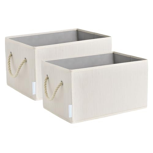 Foldable Storage Bin for OrganizingToys, Books, Shelves, Closet, Large Storage Box with Rope Handles, Sturdy Fabric Organizer Bins, Ivory, 20L, 2-Pack - color: Ivory, size: Middle